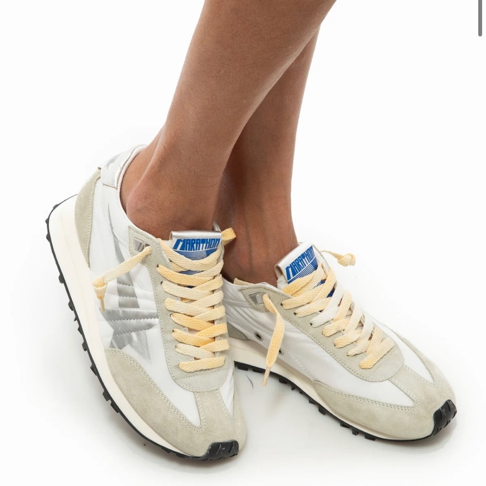 Golden Goose Marathon Sneaker in White/Silver/Gray Suede-Nylon Sz 36 New in Box
